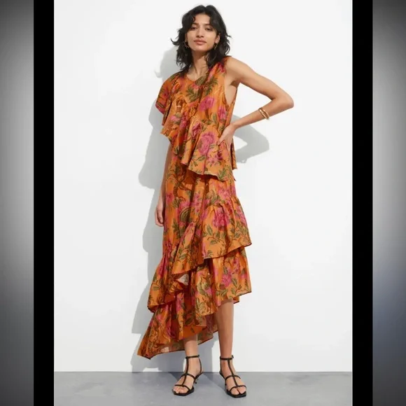 & Other Stories Asymmetrical Ruffle Dress in Orange and Pink Floral - Picture 2 of 12